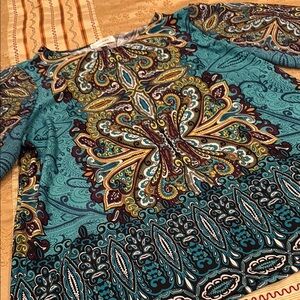 Dress Barn Vibrant Paisley 3/4 Sleeve Top, peacock blue, polyester blend, 1X